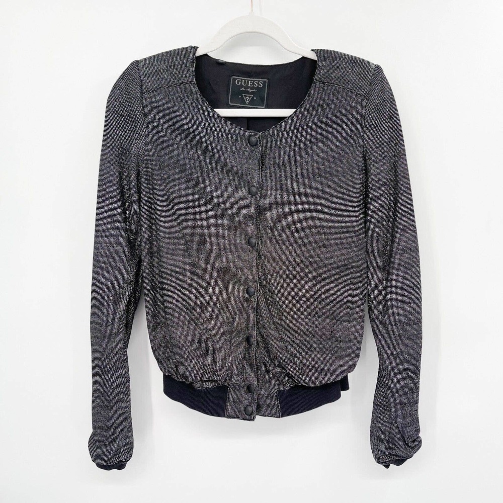 Guess Black Sparkle Bomber Jacket Size S Long Sleeve Button Front‎ Round Neck